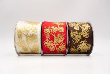 Glittery Pinecones & Leaves Holiday Wired Ribbon - Glittery Pinecones & Leaves Holiday Wired Ribbon